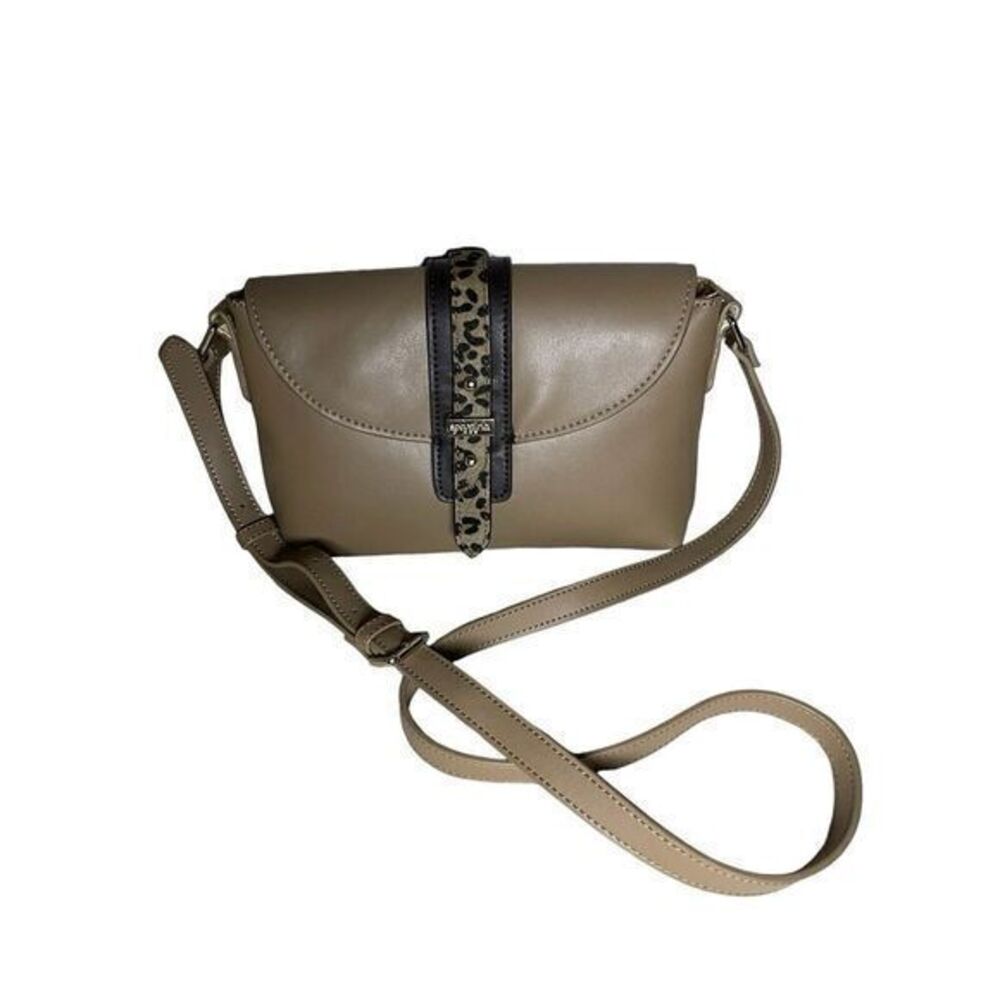 Spartina 449 Taupe Leather Hipster Crossbody Bag With Leopard Calf Hair Buckle‎